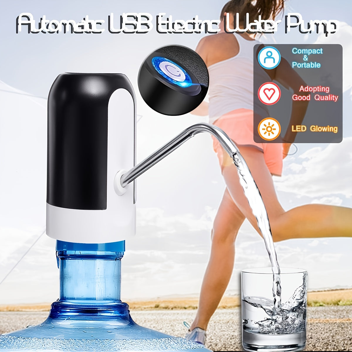 Sanhao Electric Water Bottle Pump with USB- Automatic Operation, Portable Manual/Hands-Free Drinking Water Dispenser for 3-5 Gallon Bottles, Compatible with Large Jugs for Camping,, Emergencies & Use - USB- Pumping