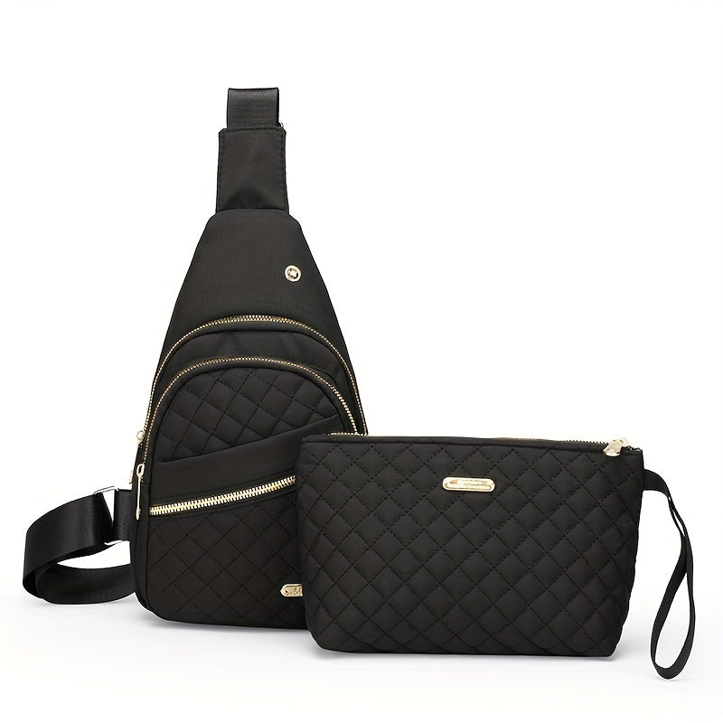 Large Capacity Chest Bag for Women - Adjustable Embroidered Crossbody Bag with Zipper Closure, Polyester Lining, Foldable, and Random Printing - Urban Solid Color Nylon Bag with Comfortable Strap