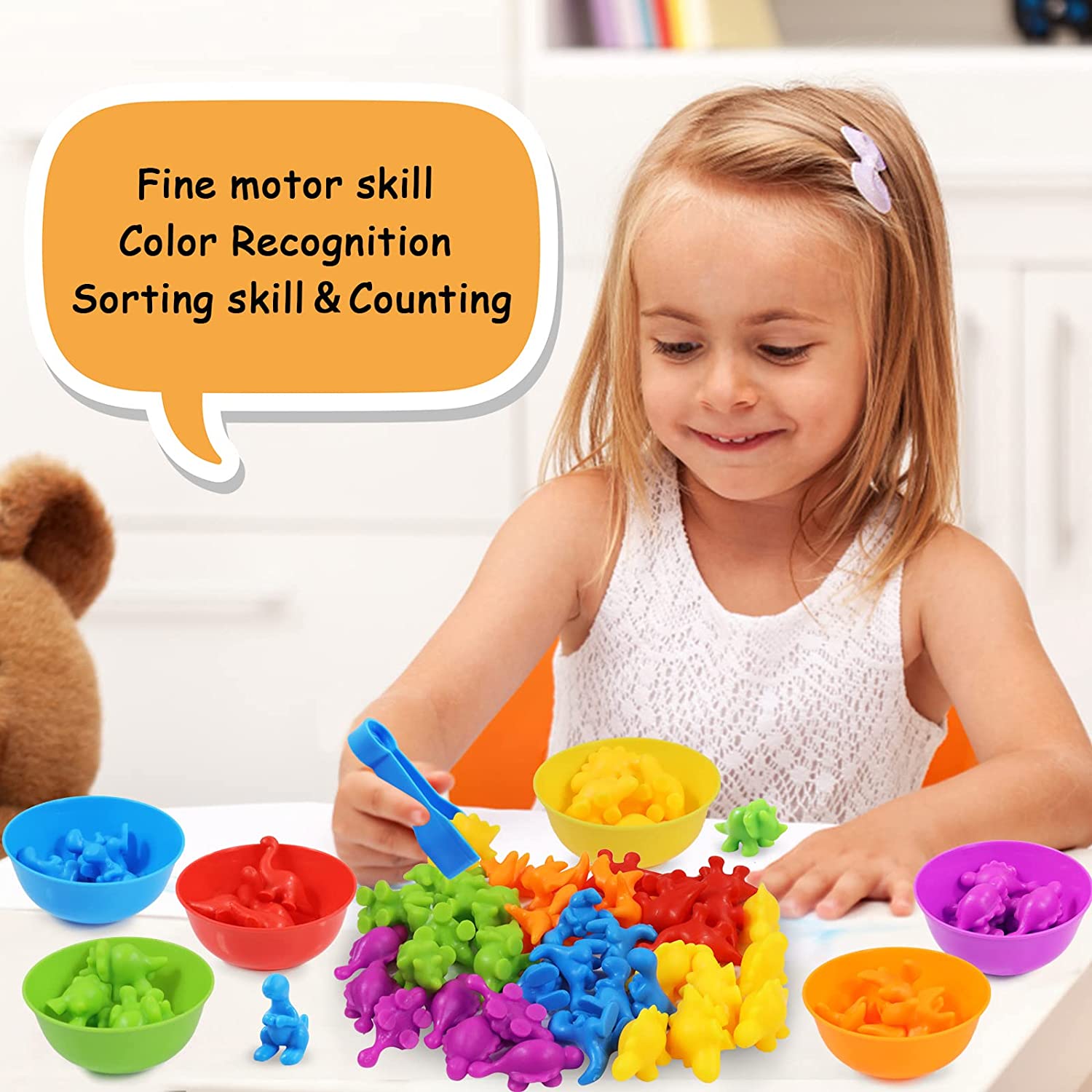 Counting Dinosaur Toys Matching Games with Sorting Bowls Learning Activities for Math Color Sorting Educational Sensory STEM Toy Sets for Kids Aged 3+ Years Old Boys Girls