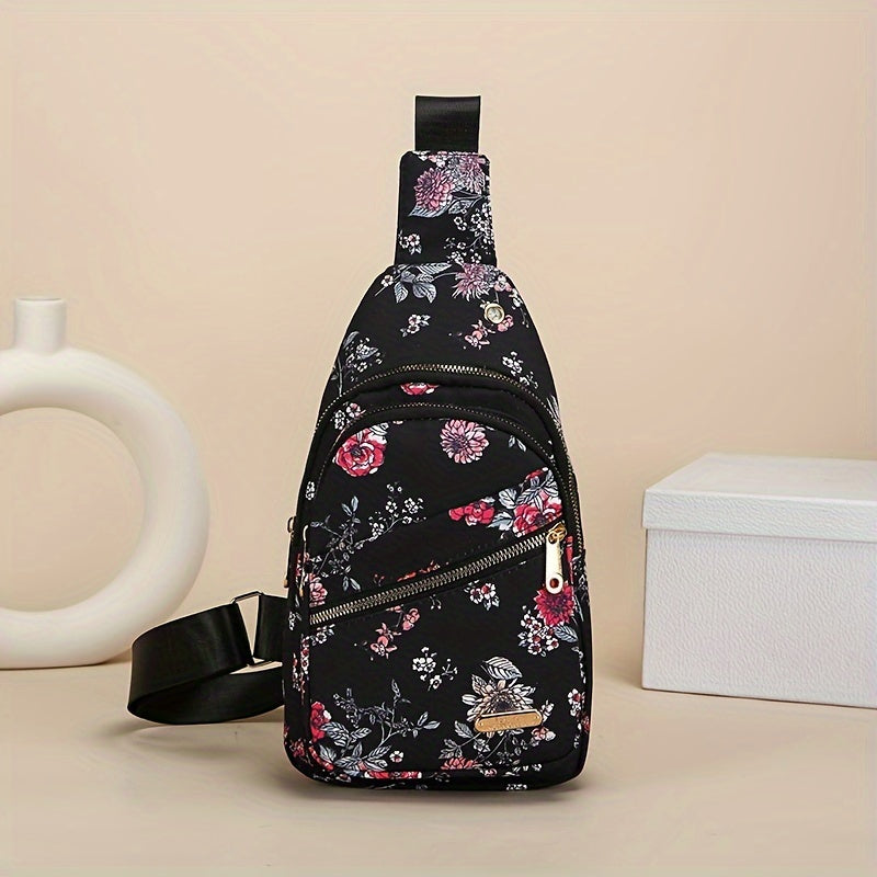Large Capacity Chest Bag for Women - Adjustable Embroidered Crossbody Bag with Zipper Closure, Polyester Lining, Foldable, and Random Printing - Urban Solid Color Nylon Bag with Comfortable Strap