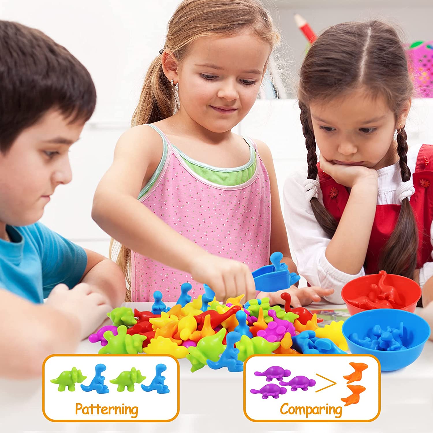 Counting Dinosaur Toys Matching Games with Sorting Bowls Learning Activities for Math Color Sorting Educational Sensory STEM Toy Sets for Kids Aged 3+ Years Old Boys Girls